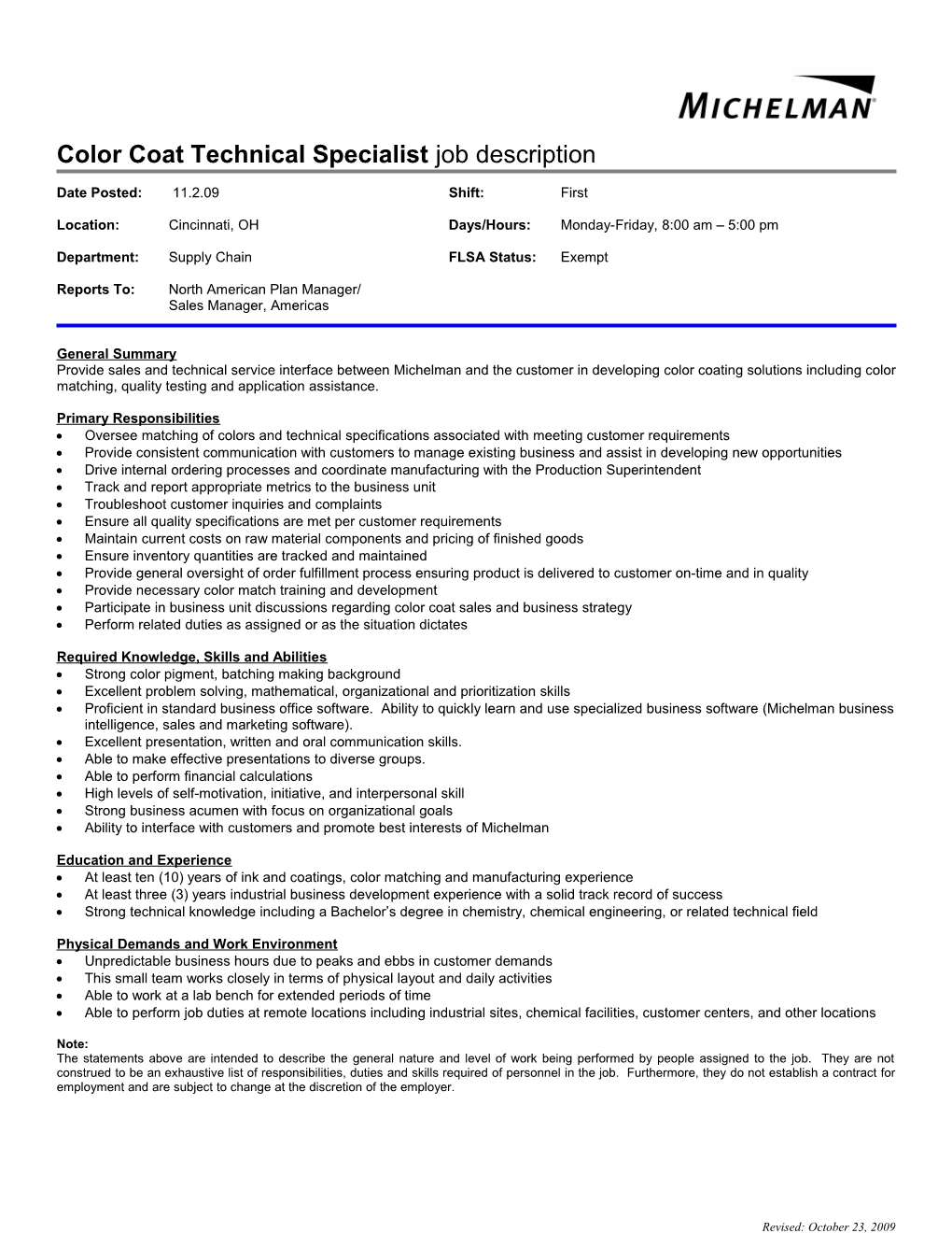 Colorcoat Technical Specialist Job Description