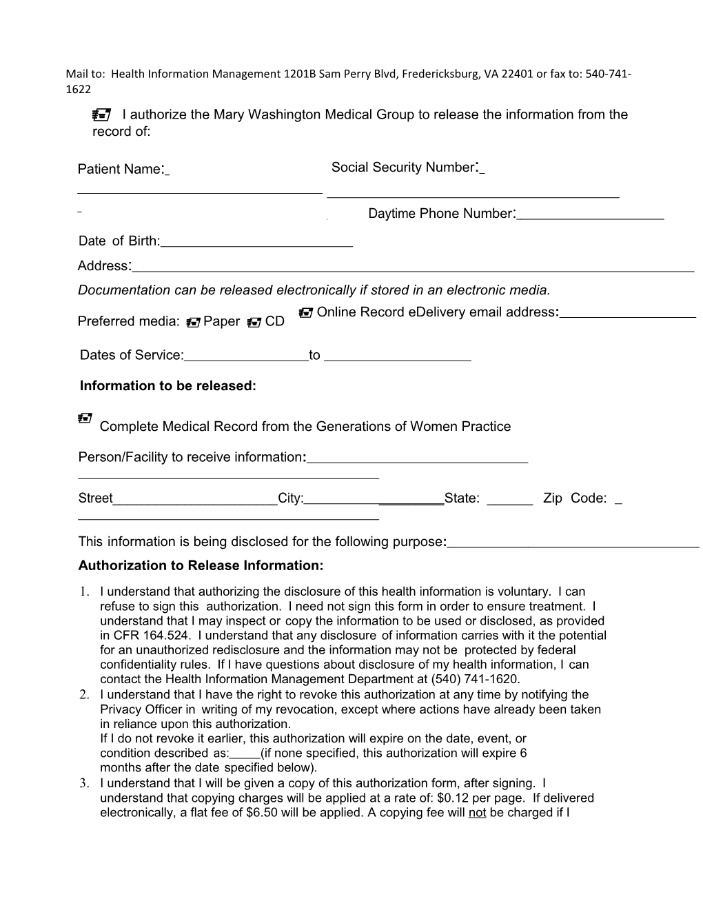 FR-1088-MWHC Authorization to Release Confidential Medical Information