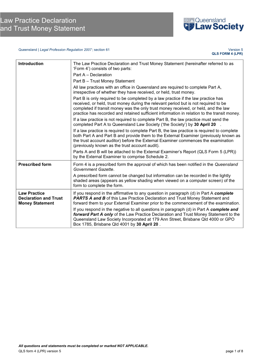 Law Practice Declaration and Trust Money Statement