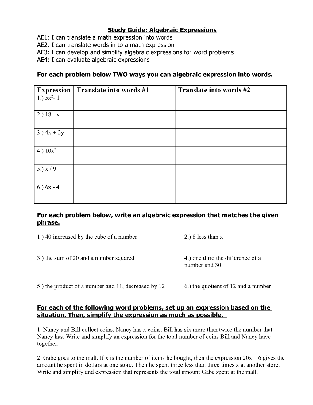 Study Guide: Algebraic Expressions