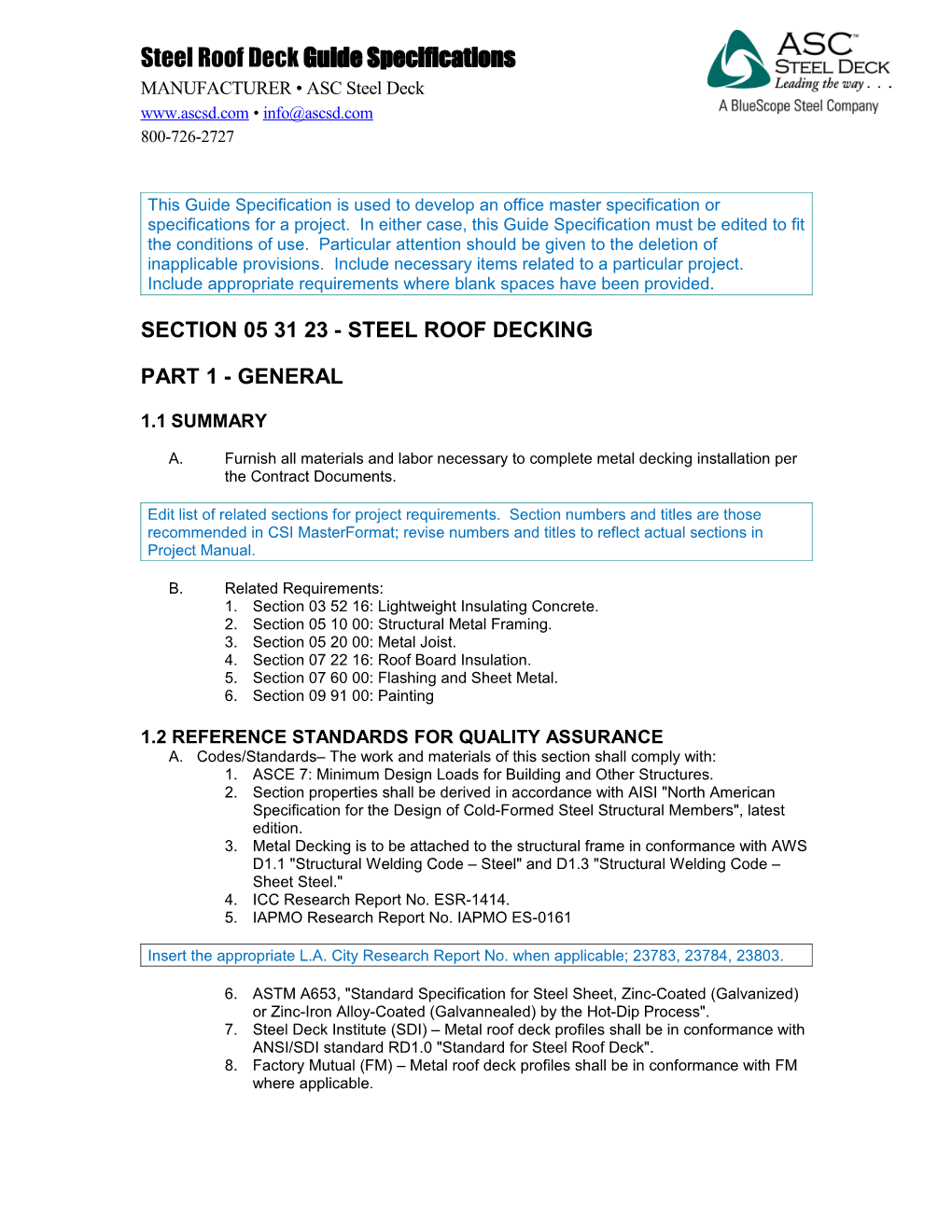 Section 053123 - Steel Roof Decking