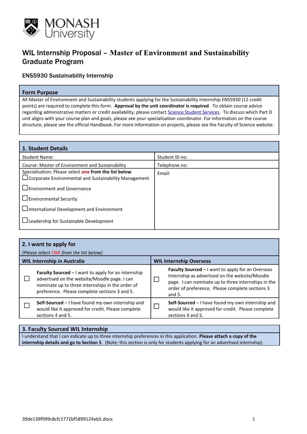 WIL Internship Proposal Master of Environment and Sustainability Graduate Program