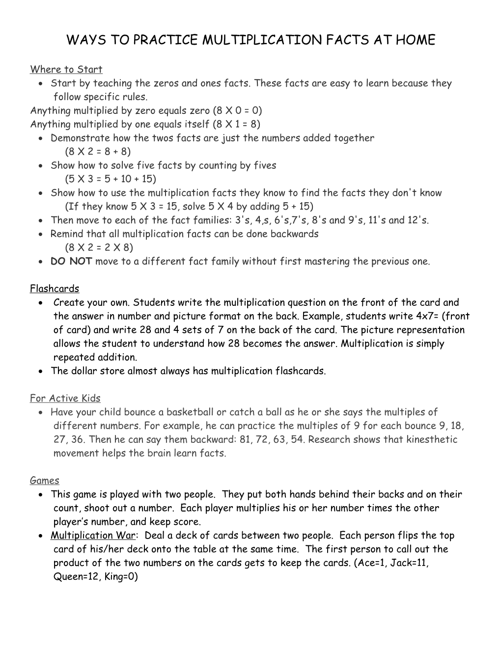 Ways to Practice Multiplication Facts at Home