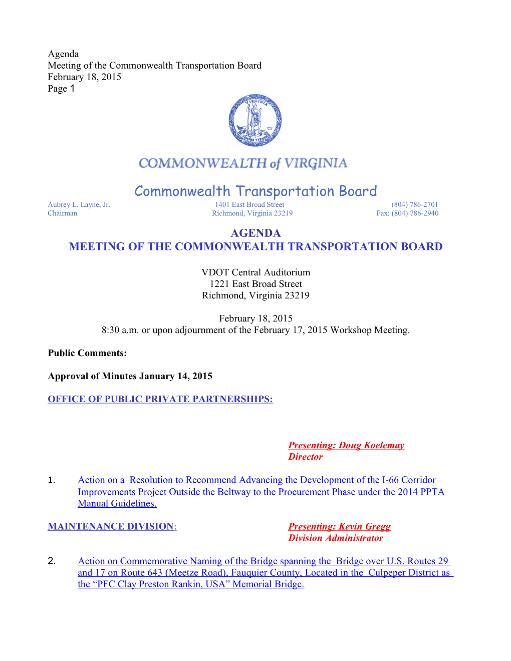 Meeting of the Commonwealth Transportation Board