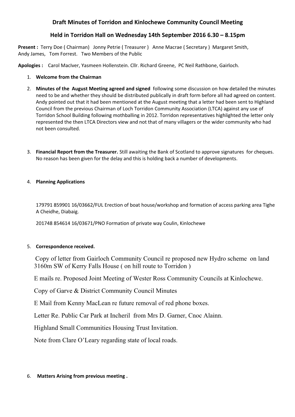 Draft Minutes of Torridon and Kinlochewe Community Council Meeting