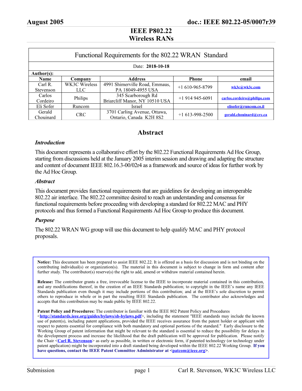 Functional Requirements for the 802.22 WRAN Standard