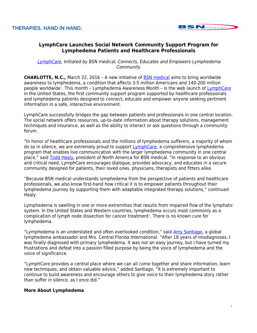 Lymphcare Launches Social Network Community Support Program for Lymphedema Patients And