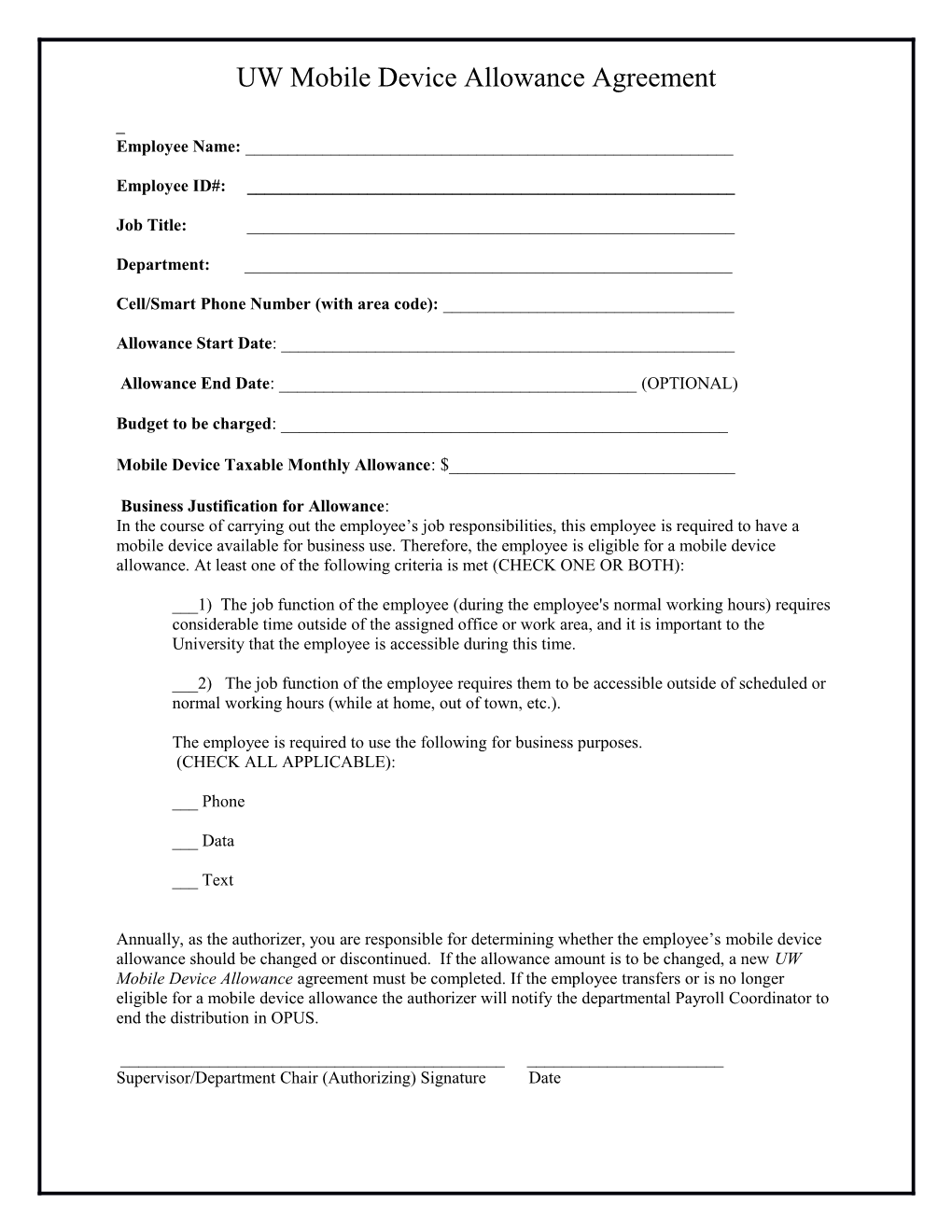 UW Mobile Device Allowance Agreement