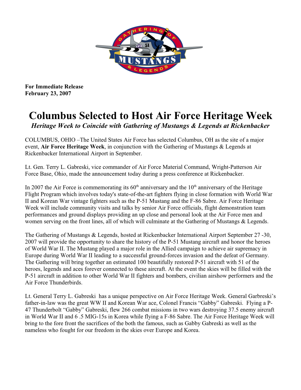 Columbus Selected to Host Air Force Heritage Week