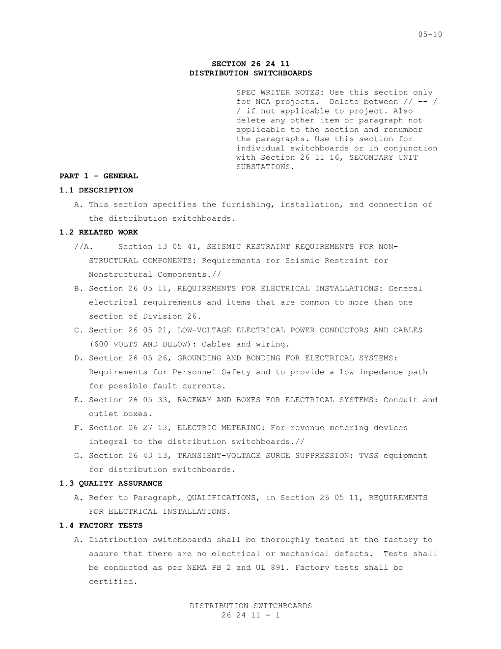 Section 26 24 11 - DISTRIBUTION SWITCHBOARDS