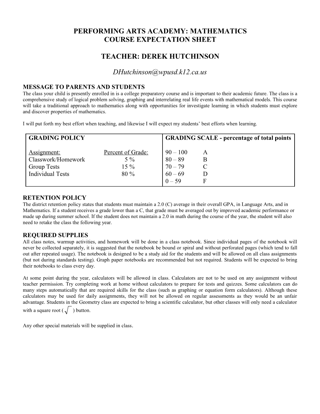 Algebra Course Expectation Sheet