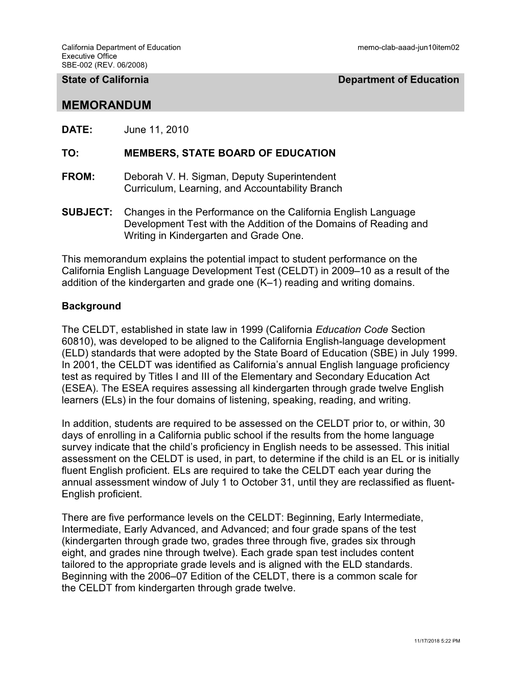 June 2010 Memorandum Item 02 - Information Memorandum (CA State Board of Education)