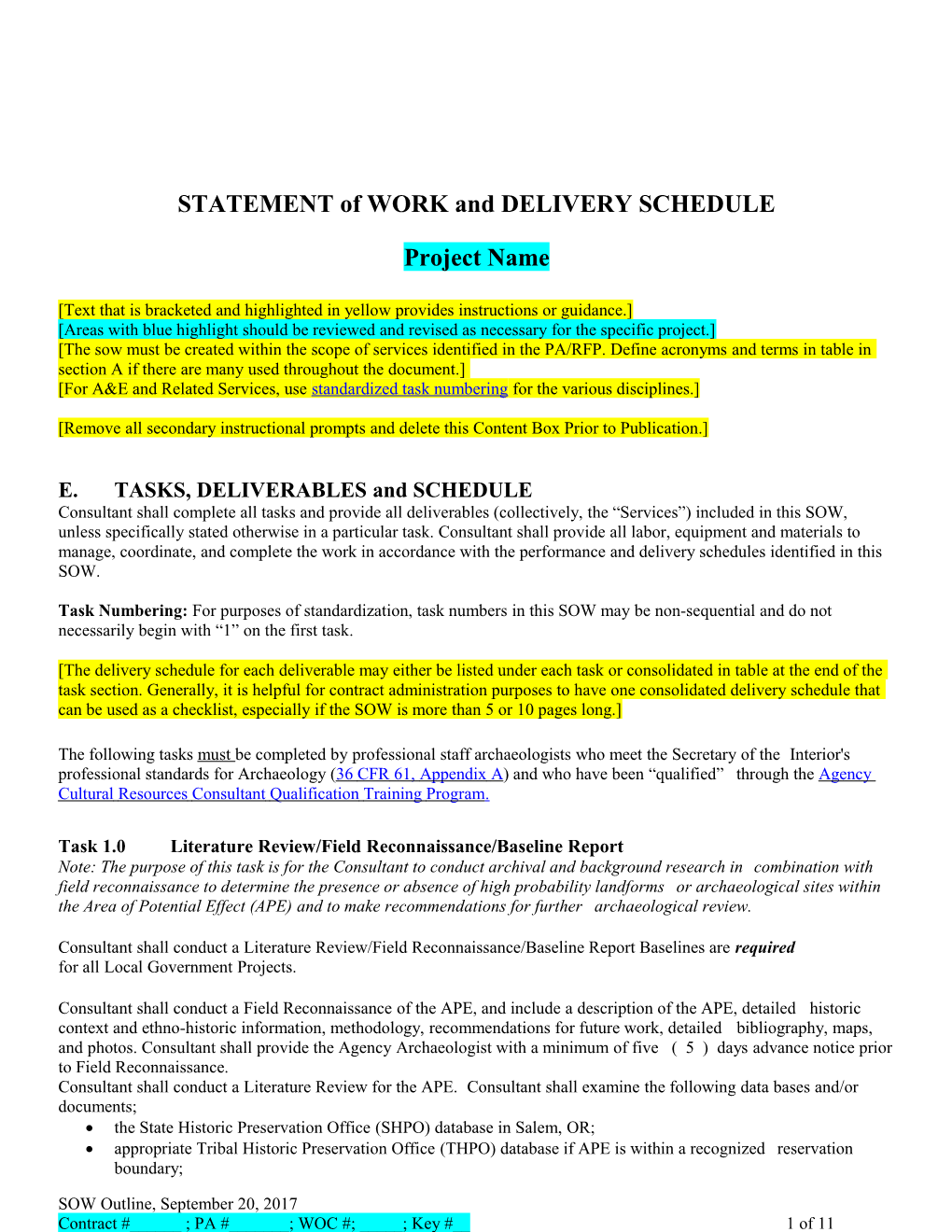 STATEMENT of WORK and DELIVERY SCHEDULE
