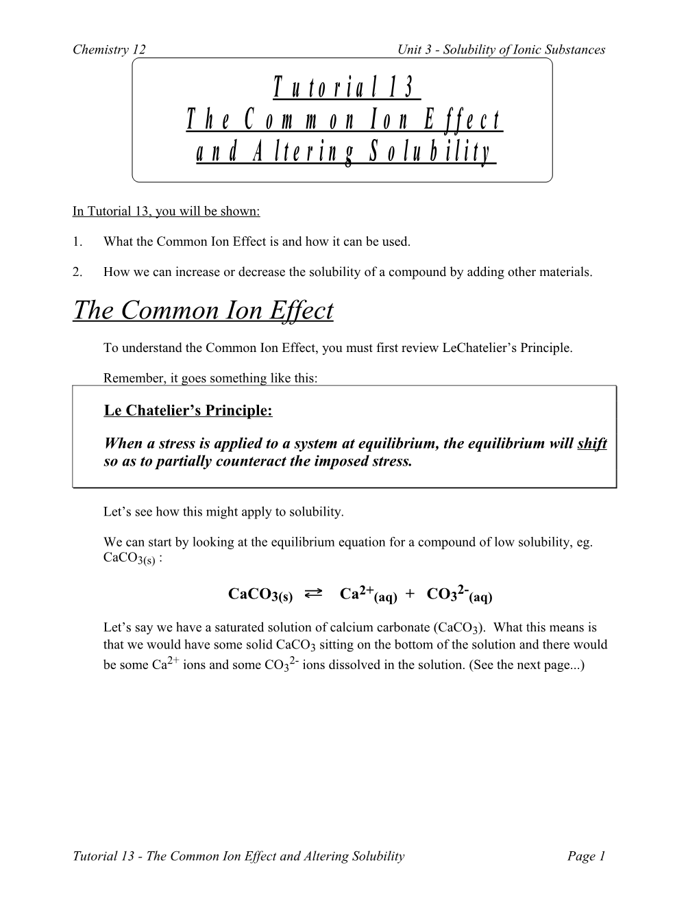 Chemistry 12Unit 3 - Solubility of Ionic Substances