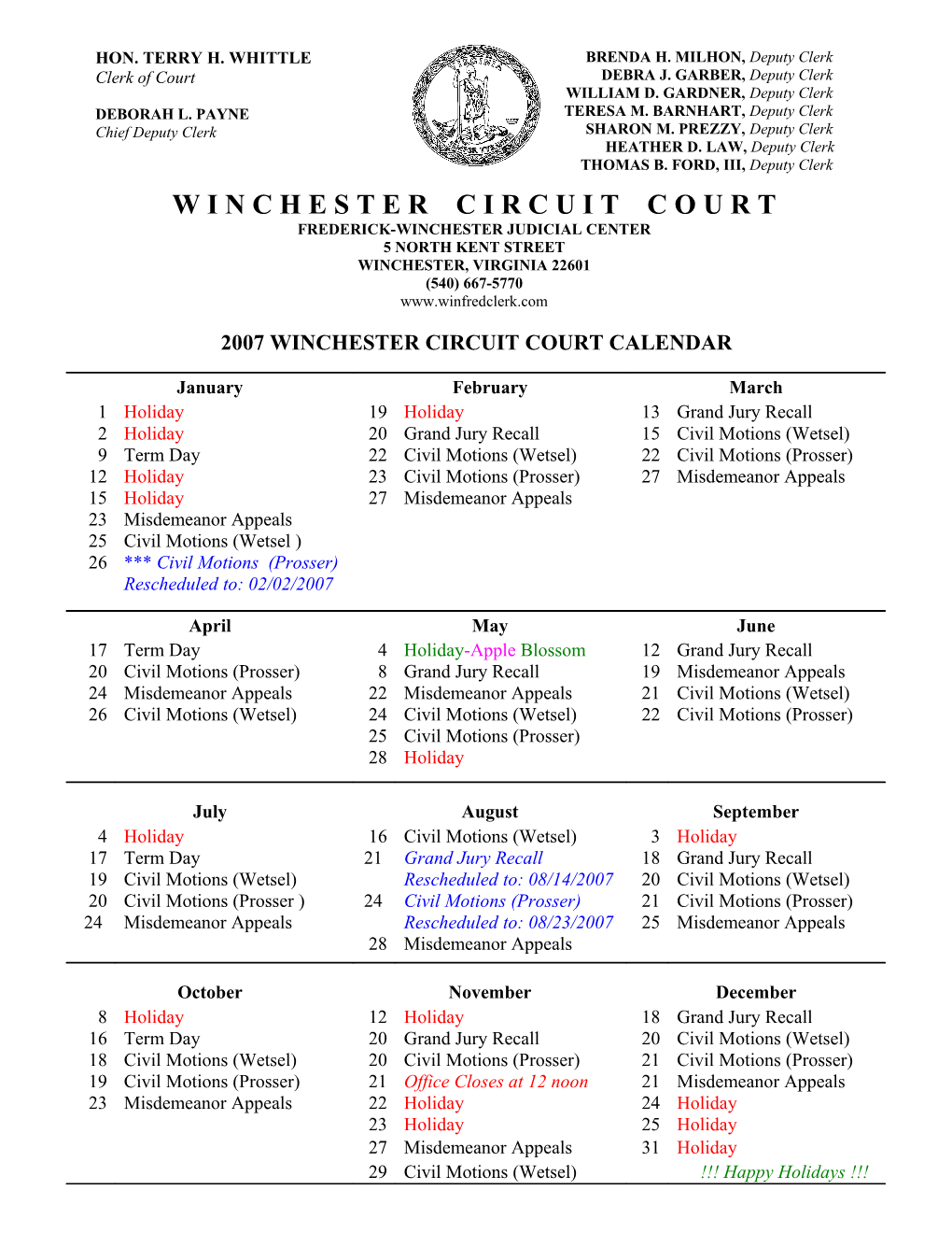 2007 Winchester Circuit Court Calendar