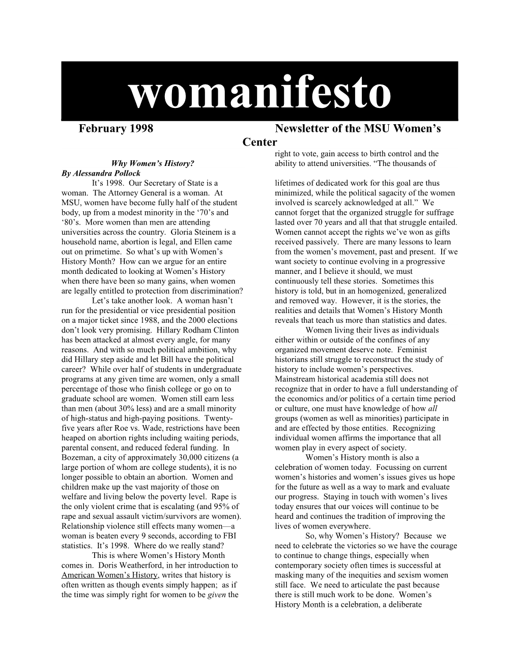 February 1998 Newsletter of the MSU Women S Center