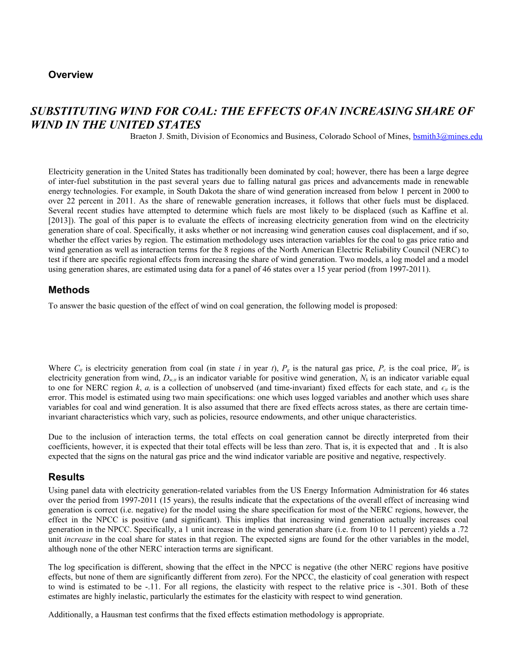 Substituting Wind for Coal: the Effects Ofan Increasing Share of Wind in the United States