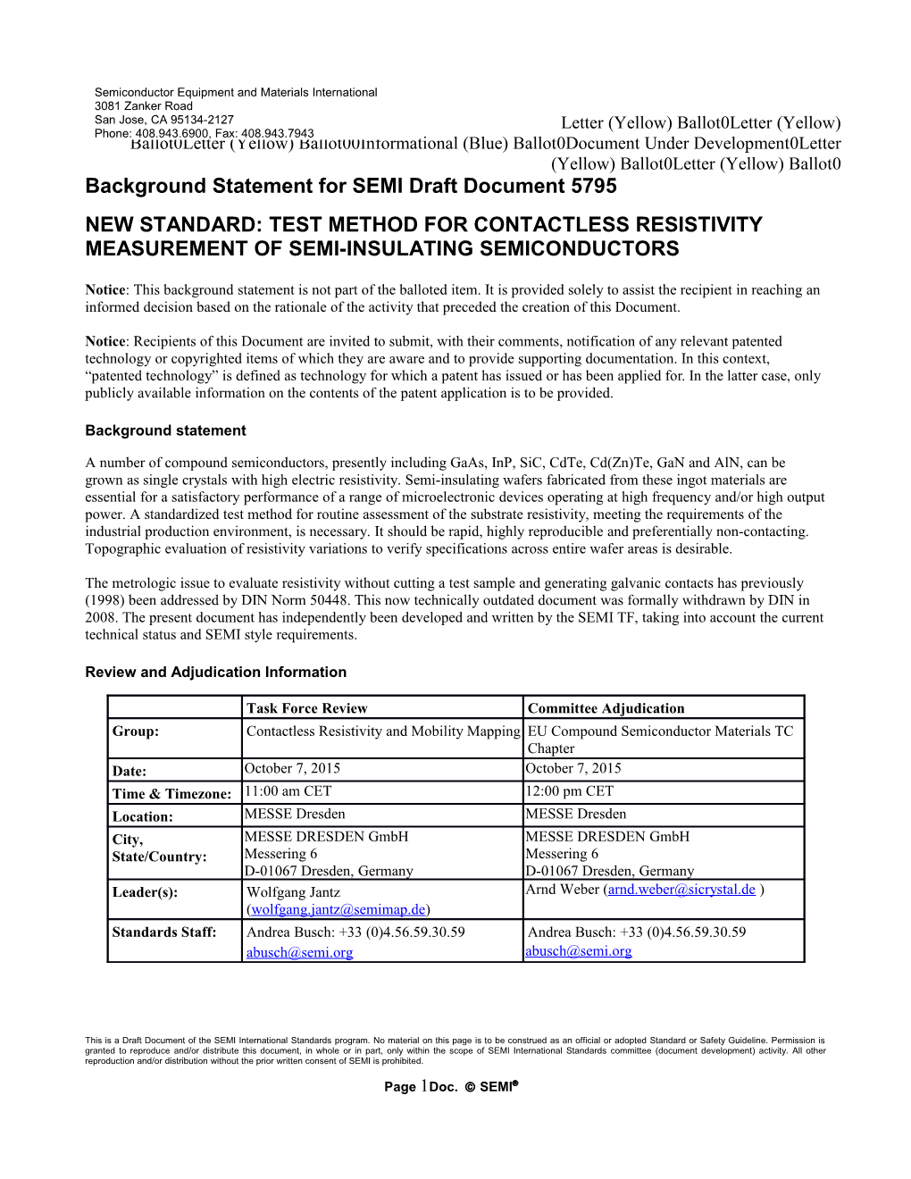 Background Statement for SEMI Draft Document 5795