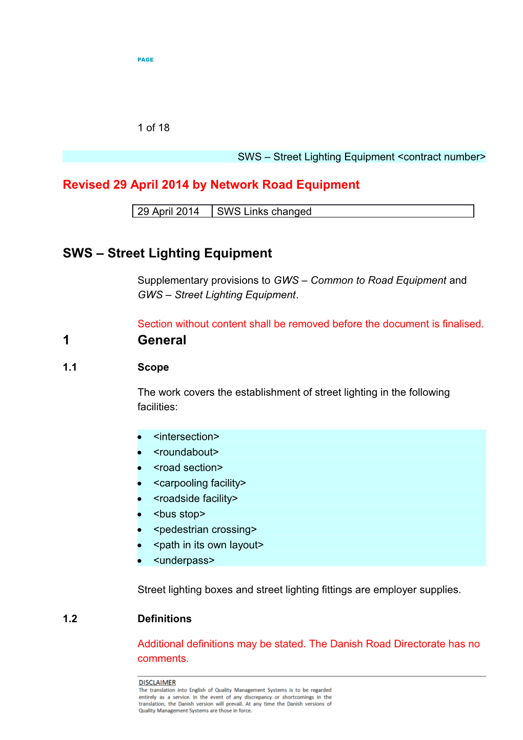 SWS Street Lighting Equipment &lt;Contract Number&gt;