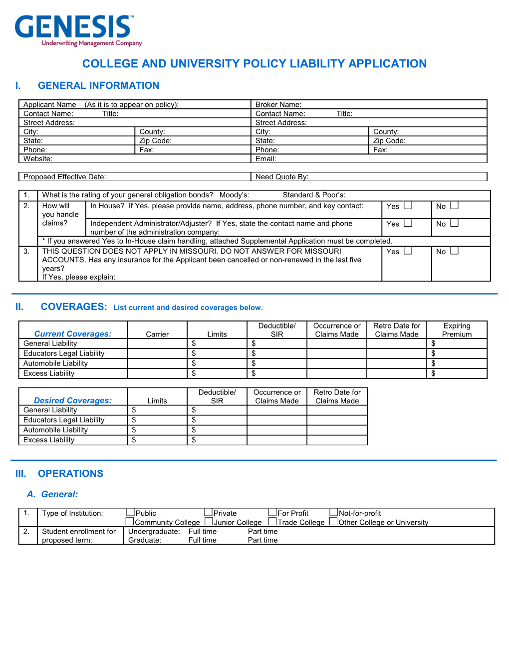 College and University Policy Liability Application