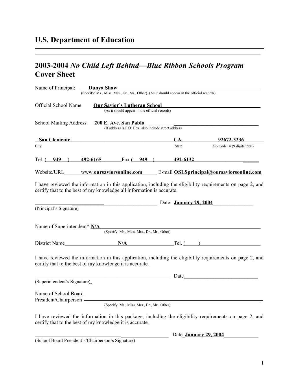 Our Savior's Lutheran School 2004 No Child Left Behind-Blue Ribbon School Application (Msword)