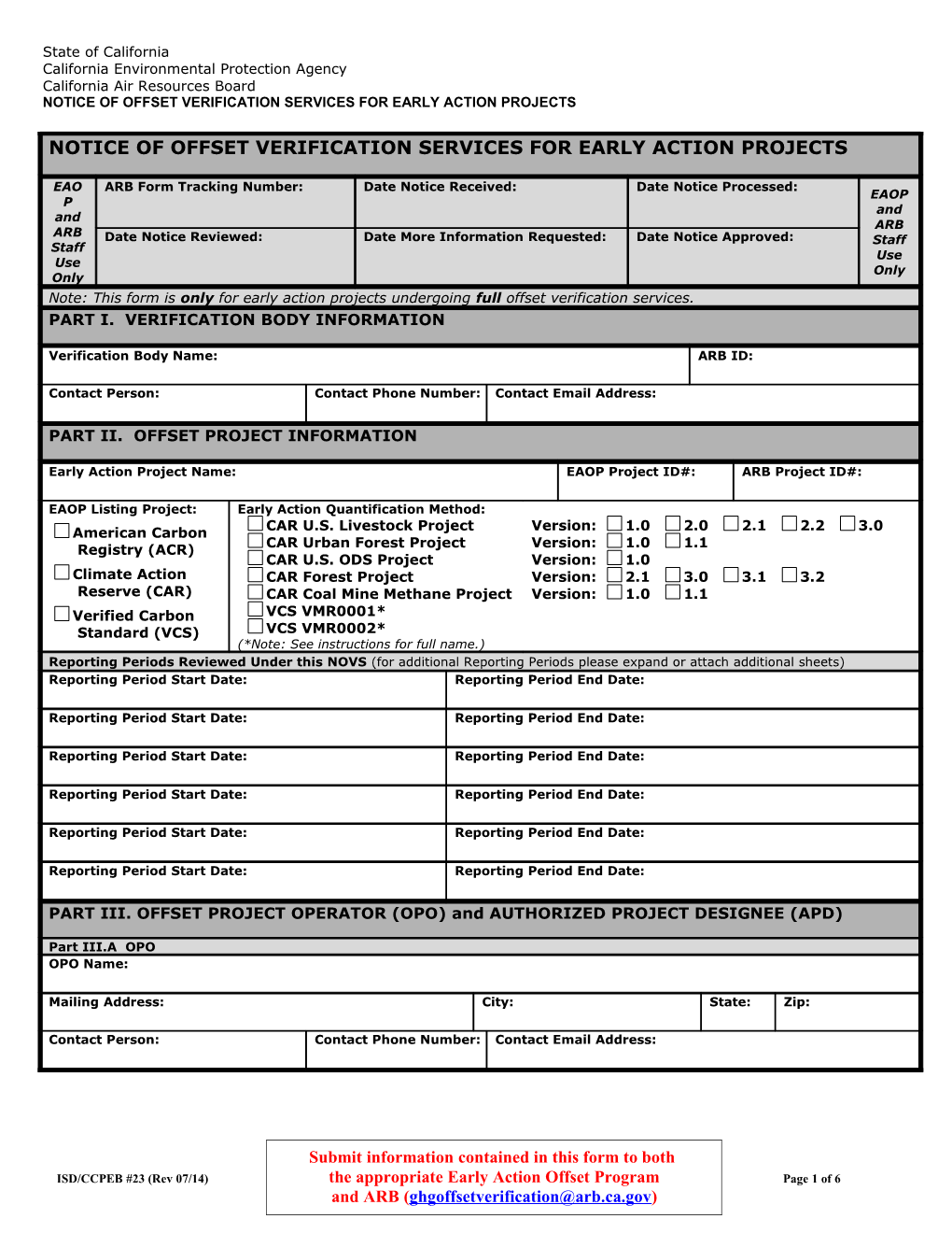 Background for Notice of Offset Verification Services for Early Action Projects