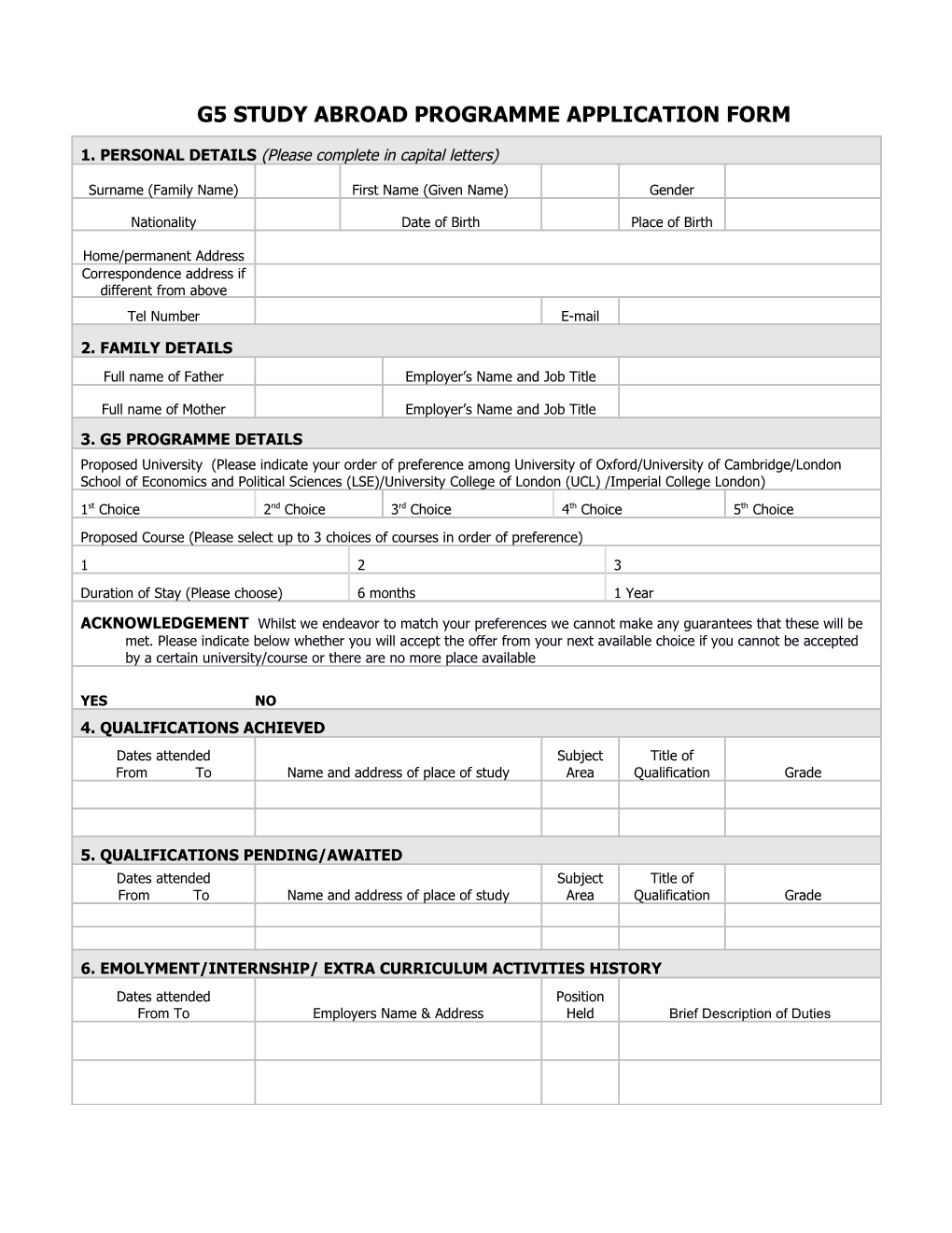 G5 Study Abroad Programmeapplication Form