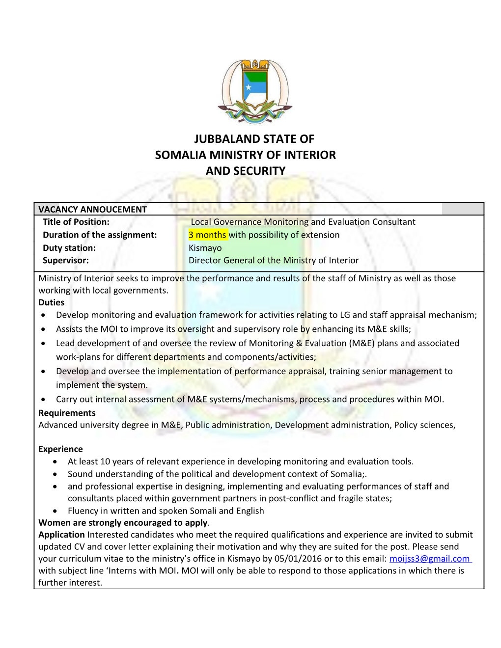 Jubbaland State of Somalia Ministry of Interior Andsecurity