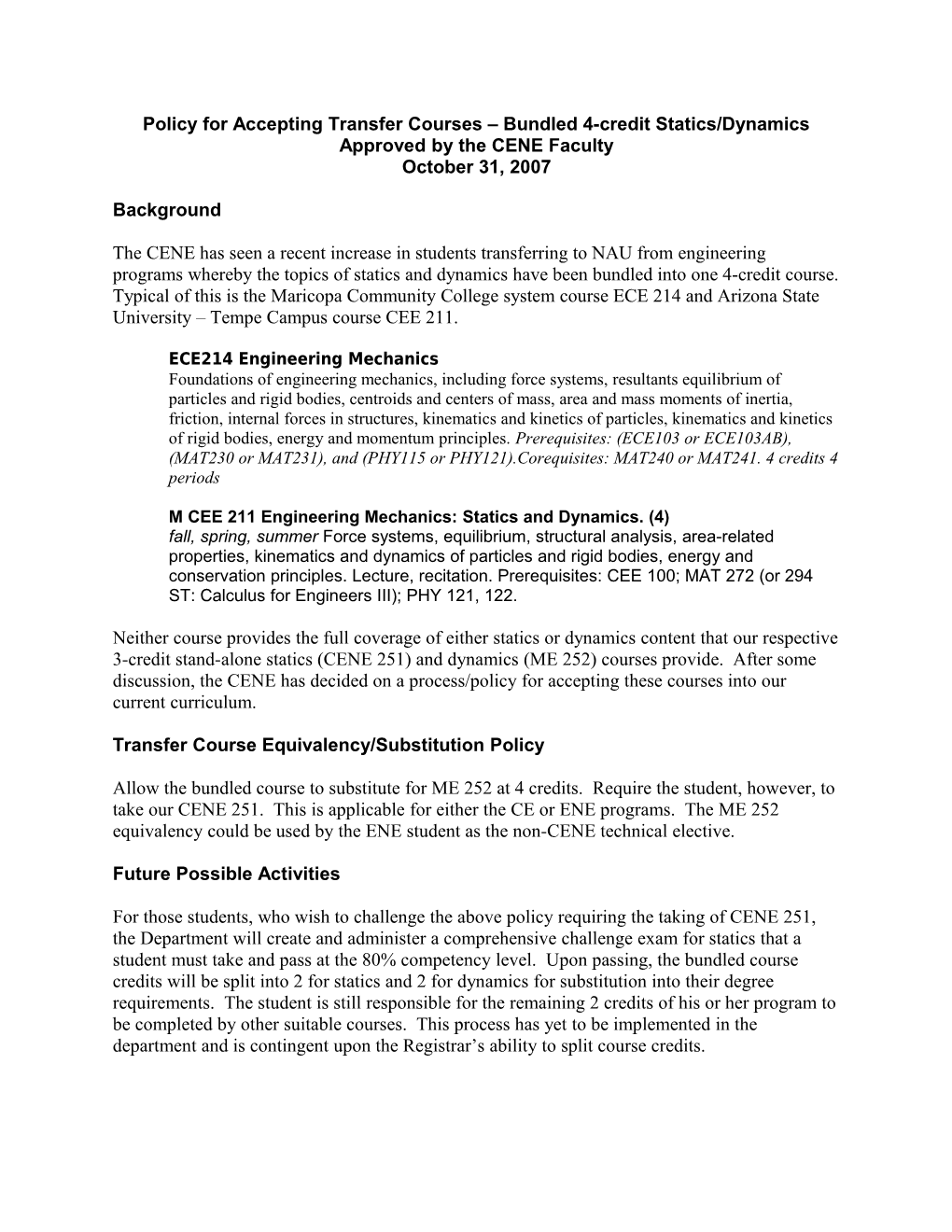 Policy for Accepting Transfer Courses Bundled 4-Credit Statics/Dynamics