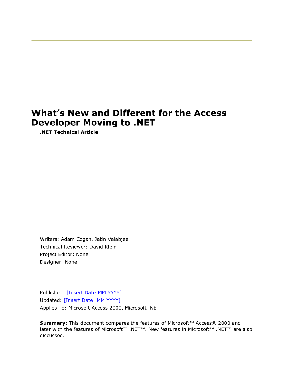 What S New and Different for the Access Developer Moving to .NET