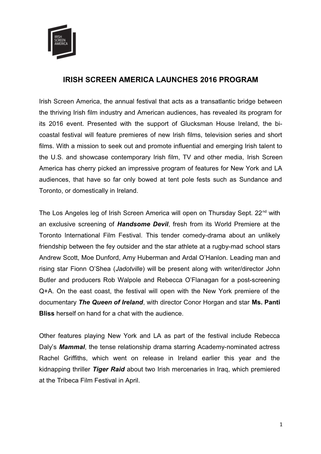 Irish Screen America Launches 2016 Program