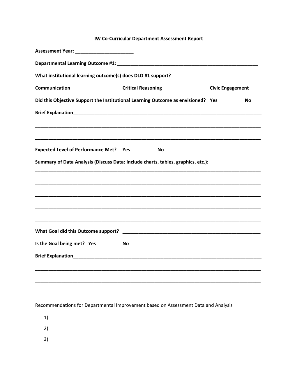 IW Co-Curricular Department Assessment Report