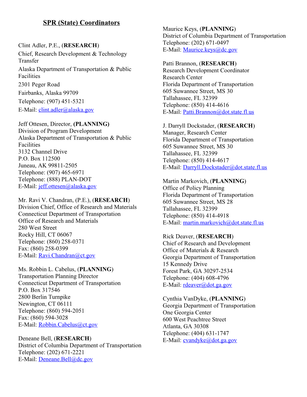List of SPR Coordinators (Updated 7/5/11)