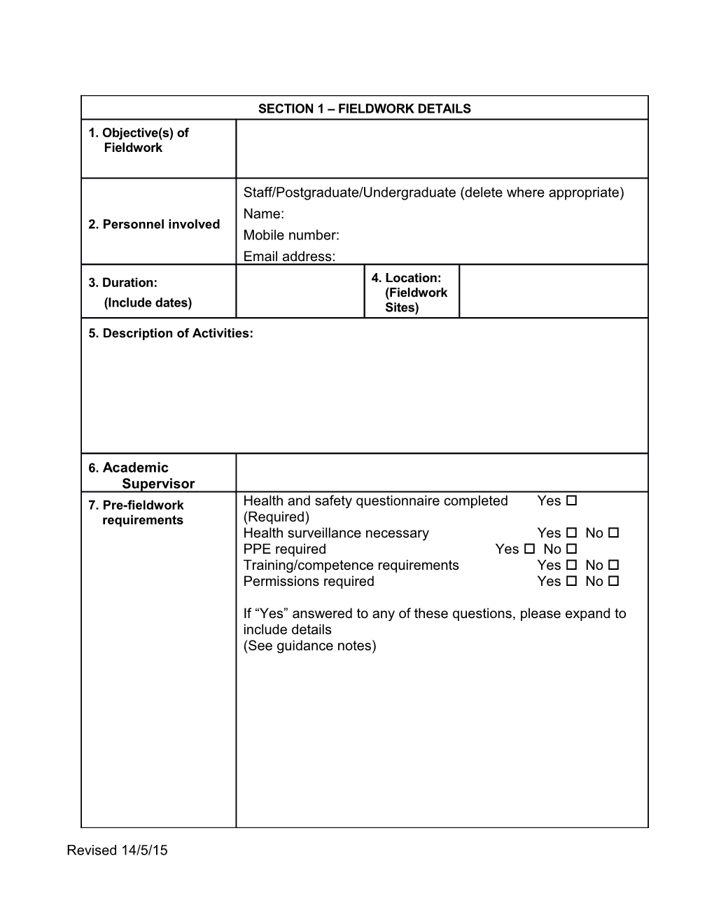 Generic Terrestrial Fieldwork Risk Assessment