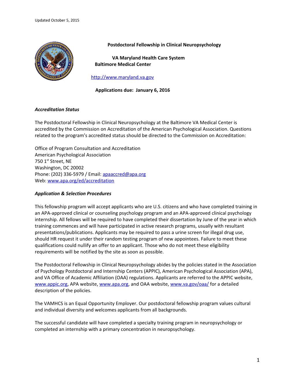 Baltimore VA Medical Center Psychology Fellowship - VA - U.S. Department of Veterans Affairs