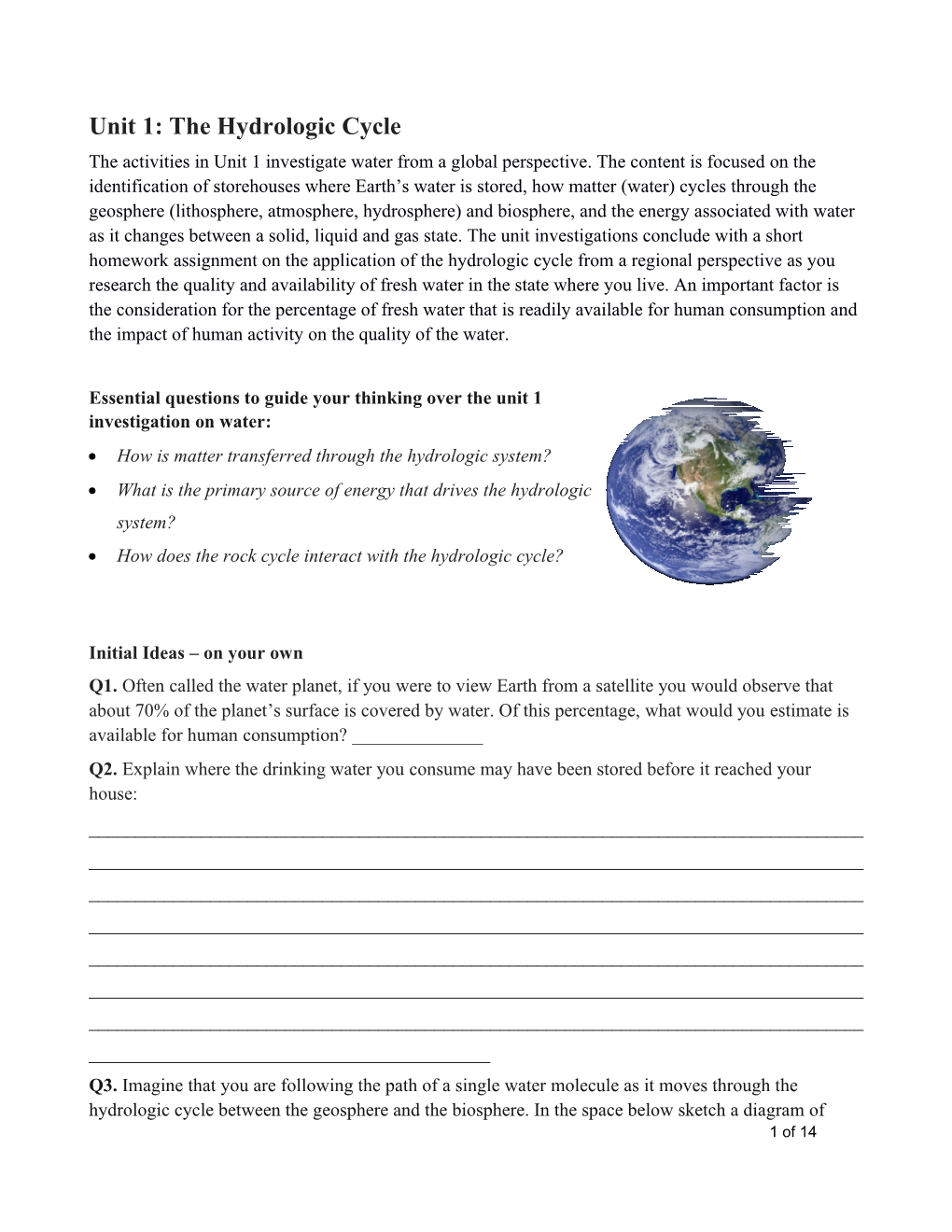 Unit 1: the Hydrologic Cycle