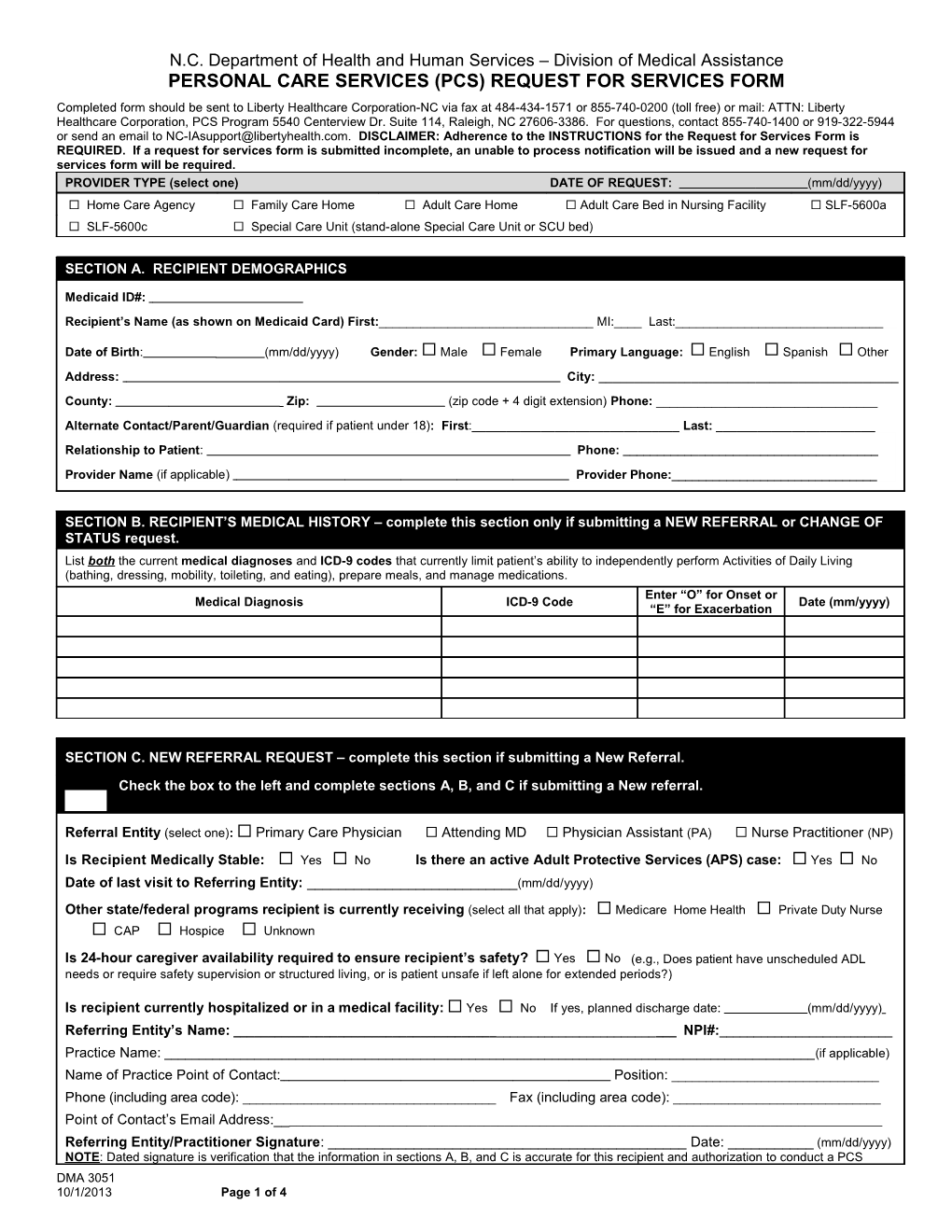 Personal Care Services (Pcs) Request for Services Form