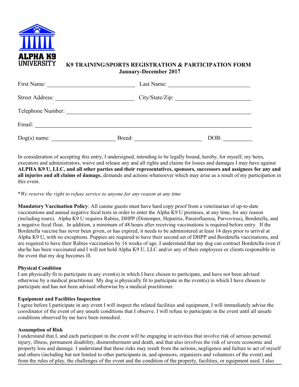 K9 Training/Sportsregistrationparticipation Form