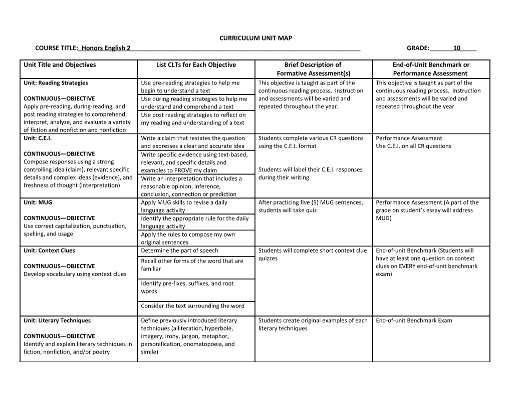 CURRICULUM UNIT MAP COURSE TITLE:Honors English 2 GRADE:10