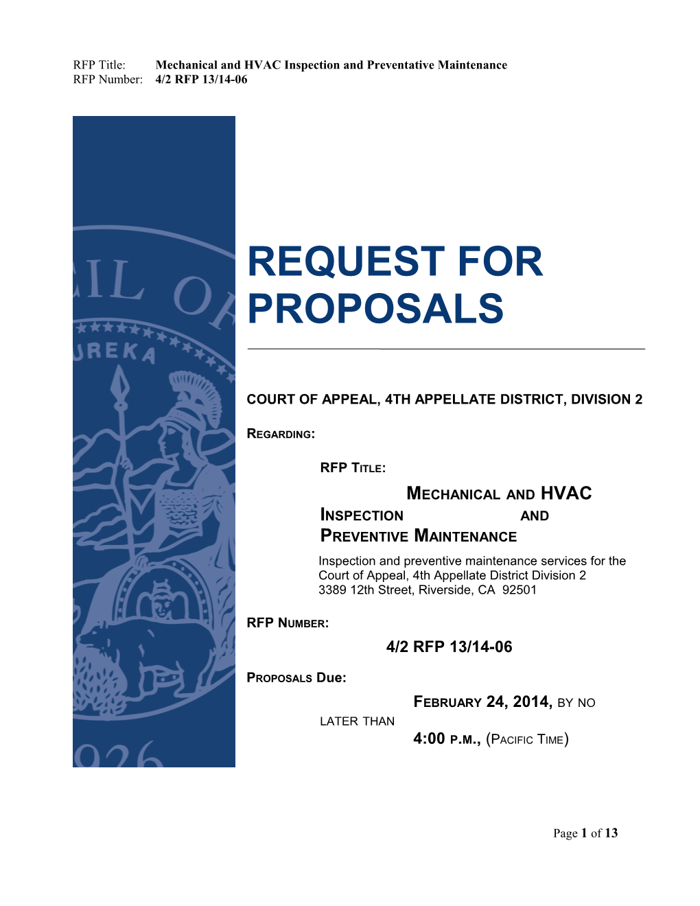 RFP Title: Mechanical and HVAC Inspection and Preventative Maintenance