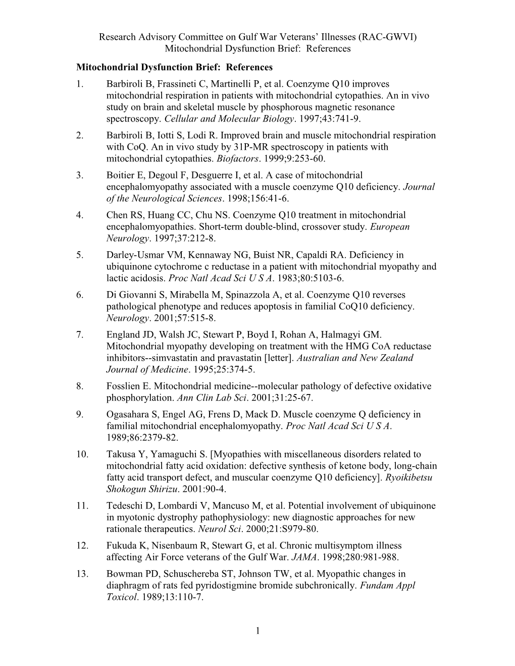 Mitochondrial Dysfunction Brief: References