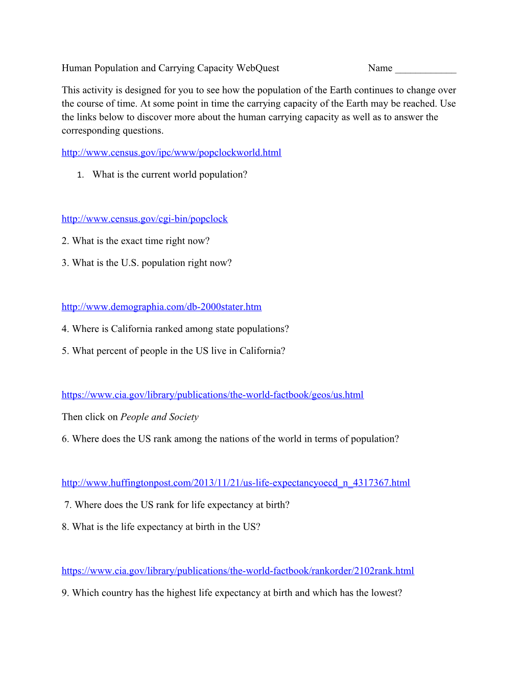 Human Population and Carrying Capacity Webquestname ______