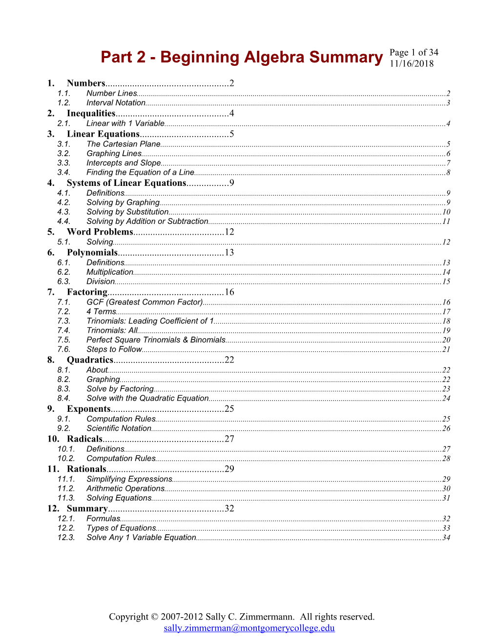 Beginning Algebra Summary Sheets