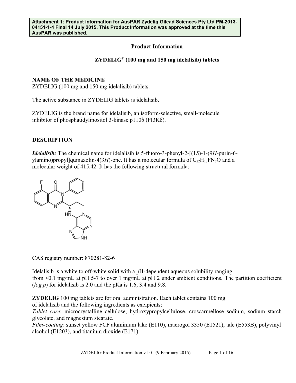 Auspar Attachment 1. Product Information for Idelalisib