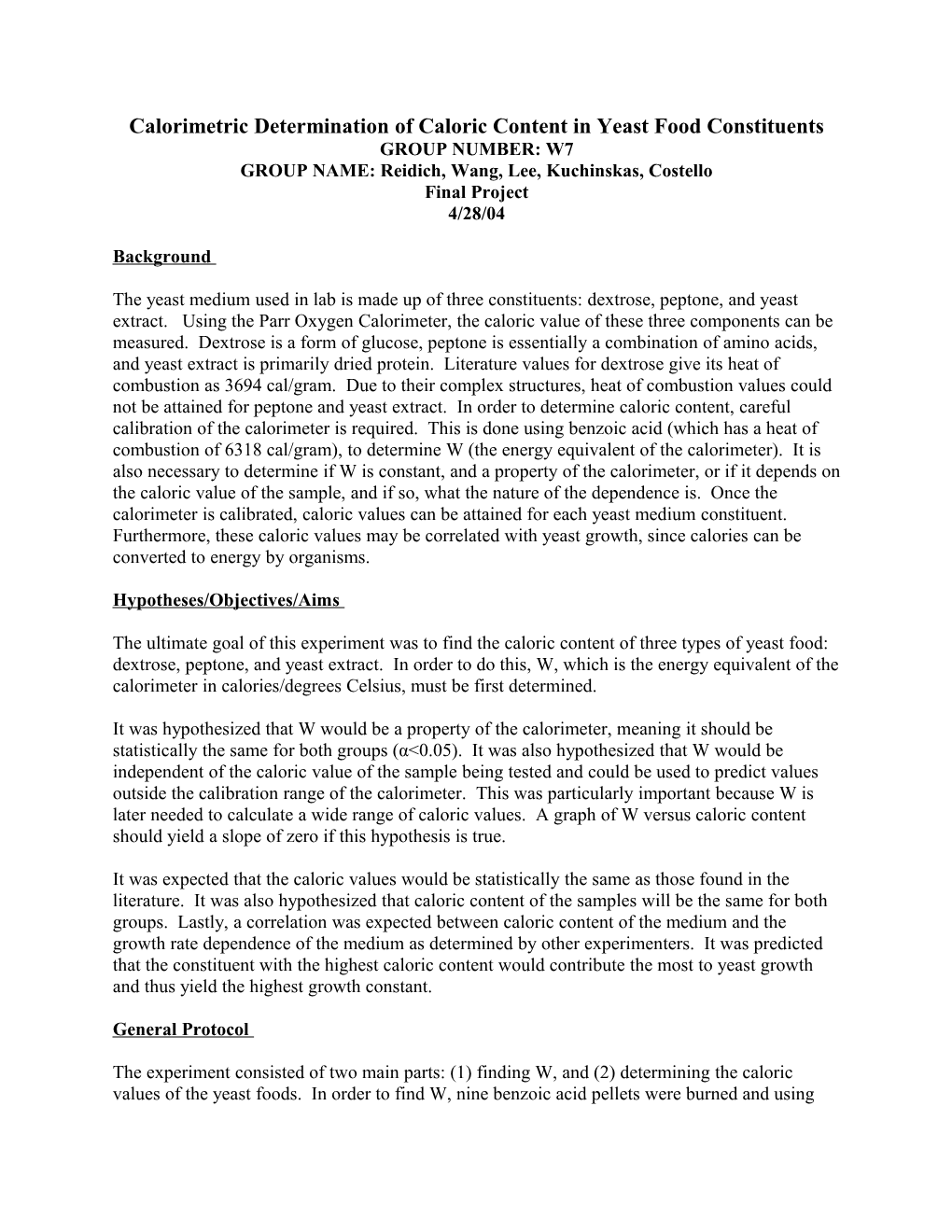 Calorimetric Determination of Caloric Content in Yeast Food Constituents