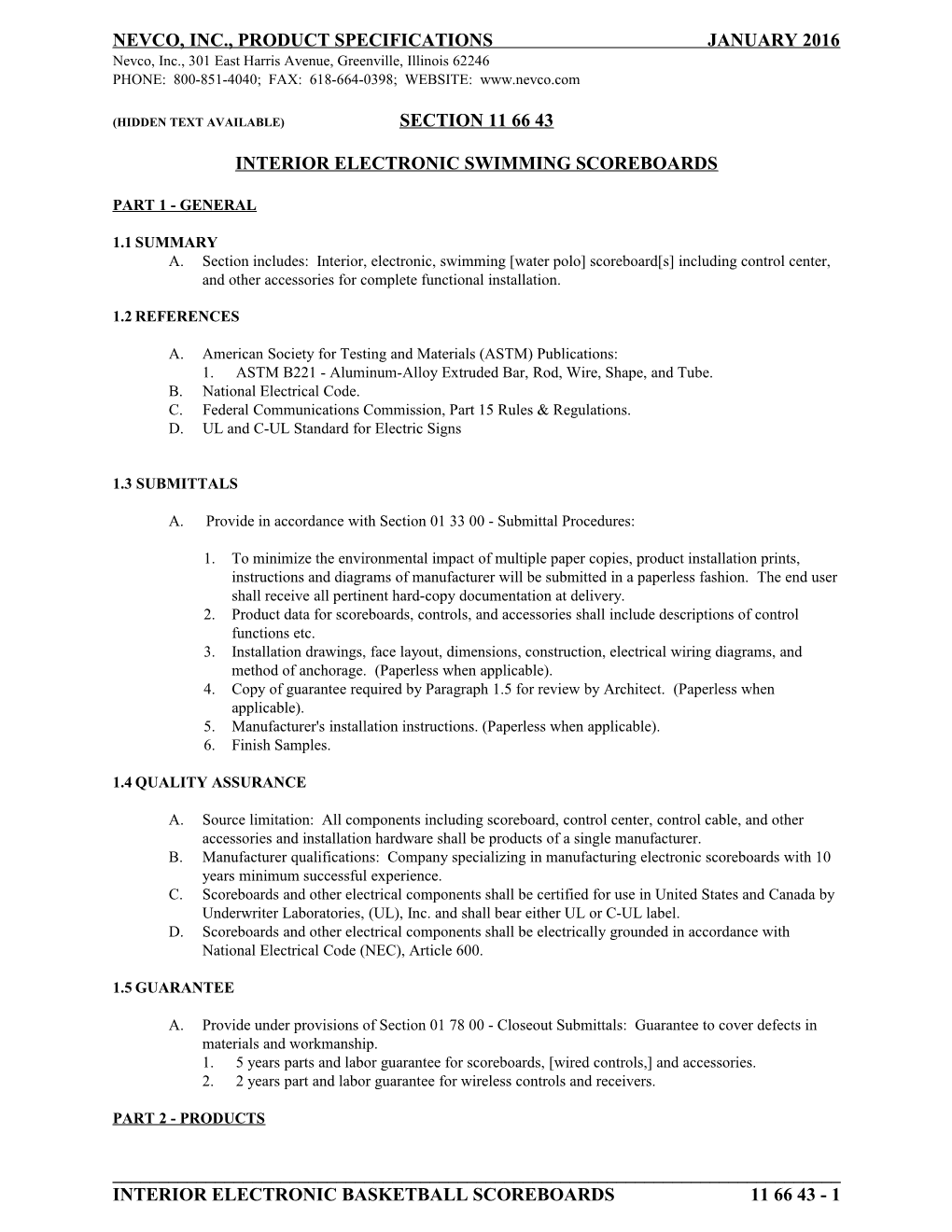 Nevco, Inc., Product Specifications January 2016