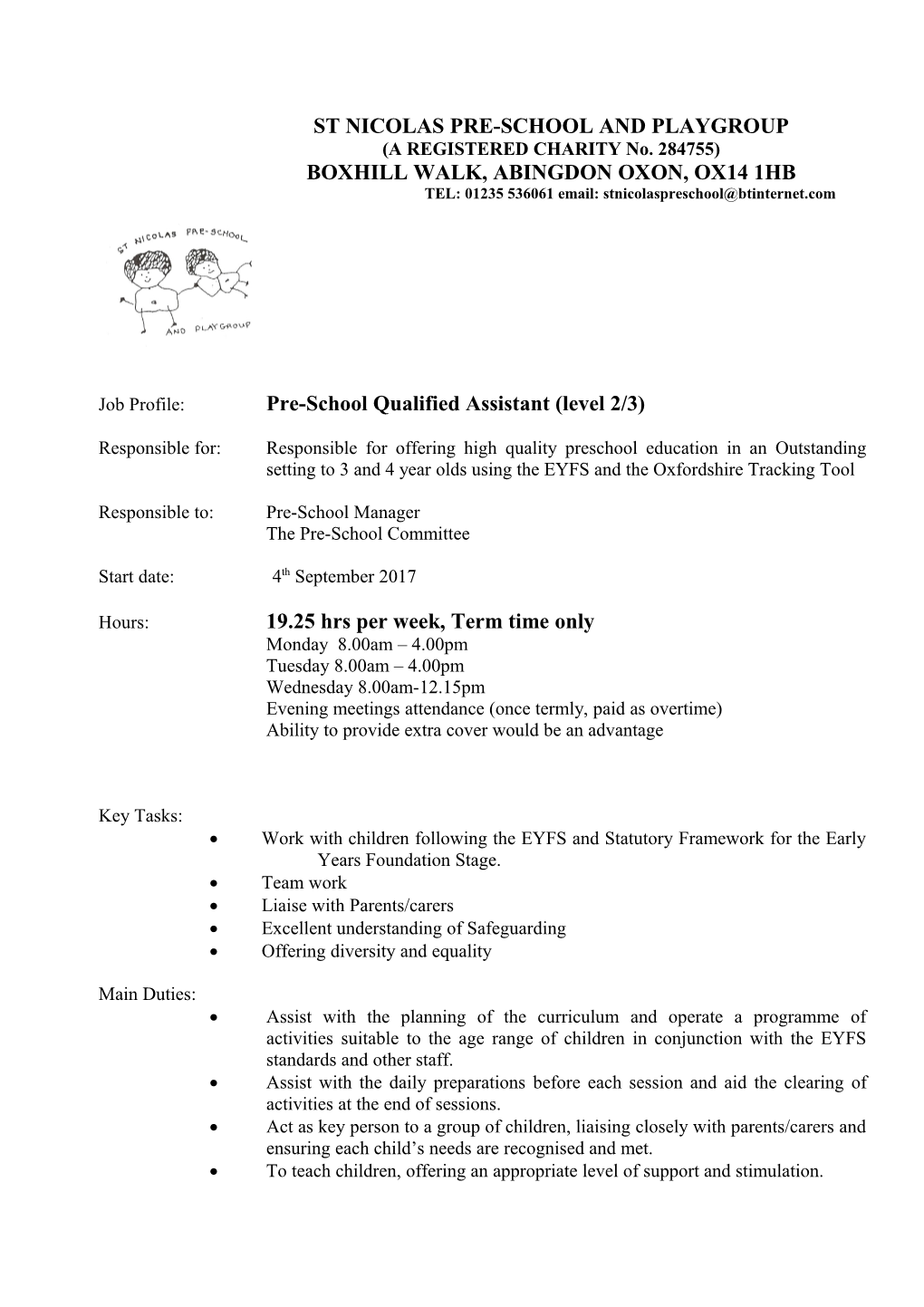 Job Profile: Pre-School Qualified Assistant (Level 2/3)