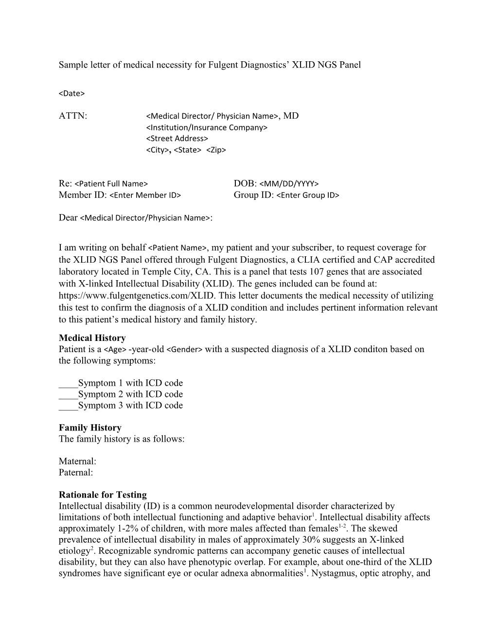 Sample Letter of Medical Necessity for Fulgent Diagnostics XLID NGS Panel