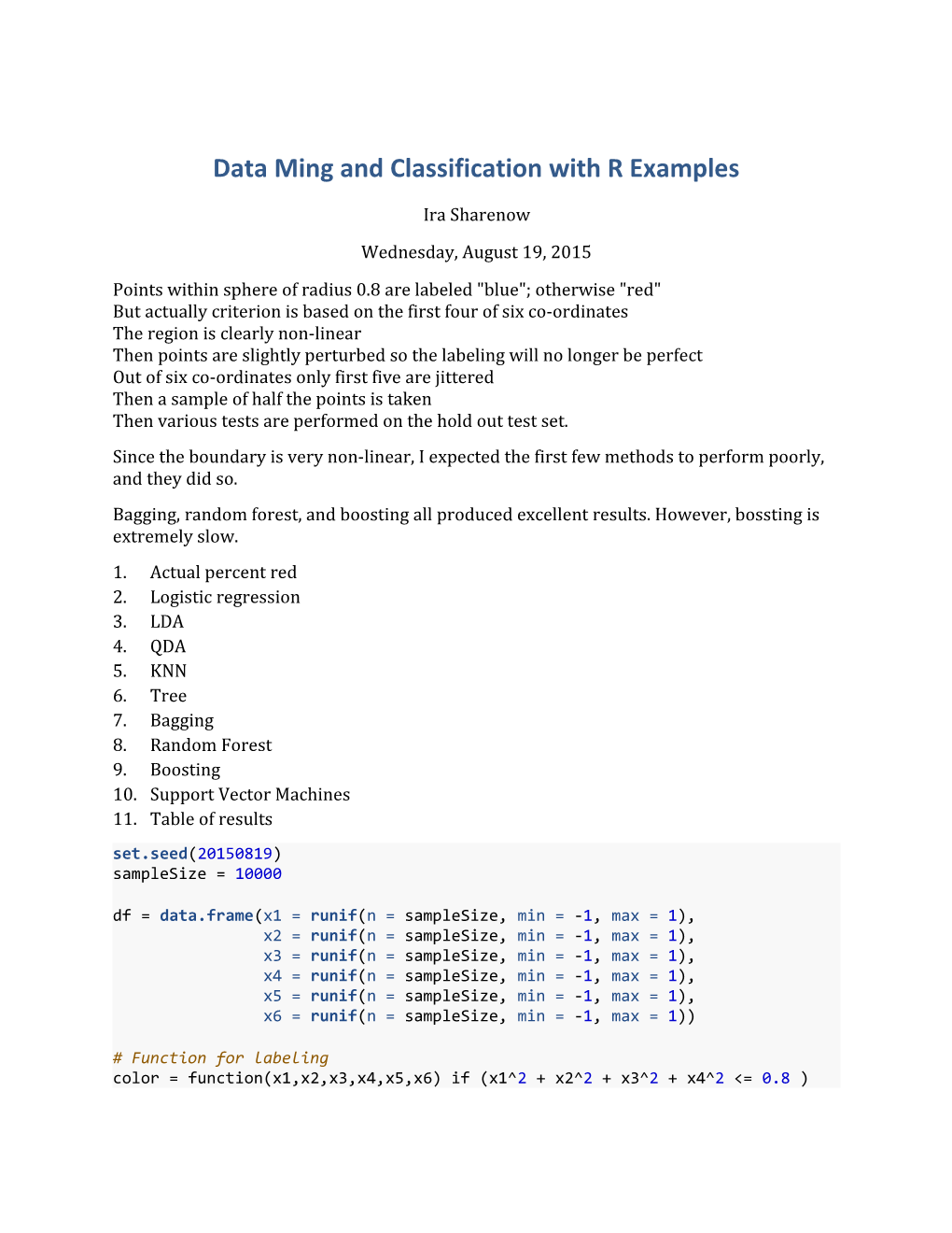 Data Ming and Classification with R Examples