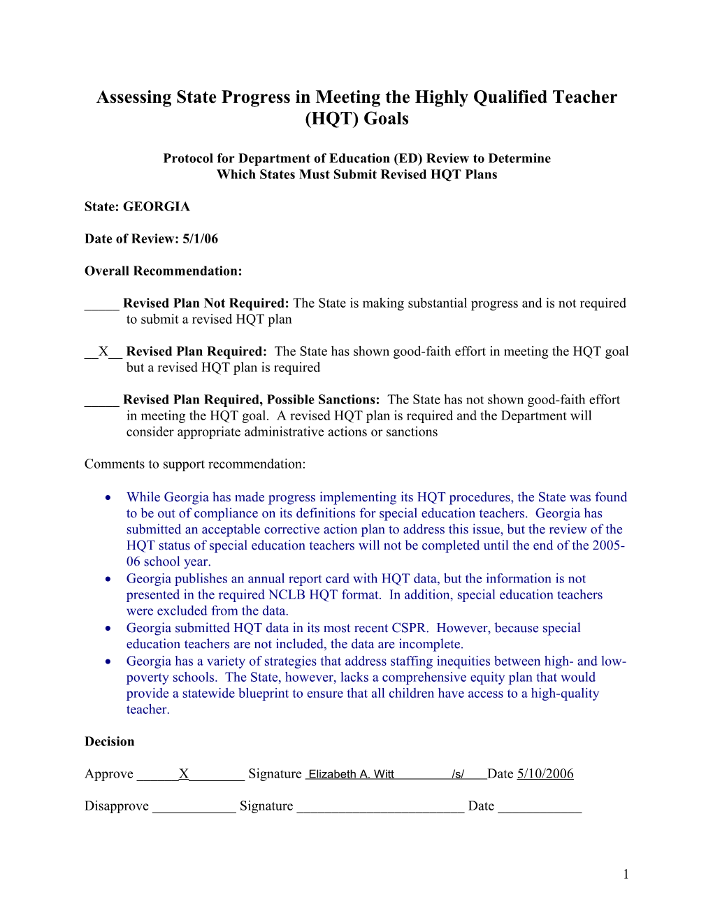 Assessing State Progress in Meeting the Highly Qualified Teacher (HQT) Goals - Georgia (MS Word)